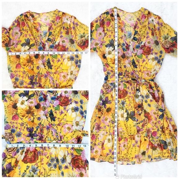 BETSEY & ADAM Yellow Floral Faux Wrap Mini Dress Long Sleeve Cocktail Size 4 New - Picture 13 of 14